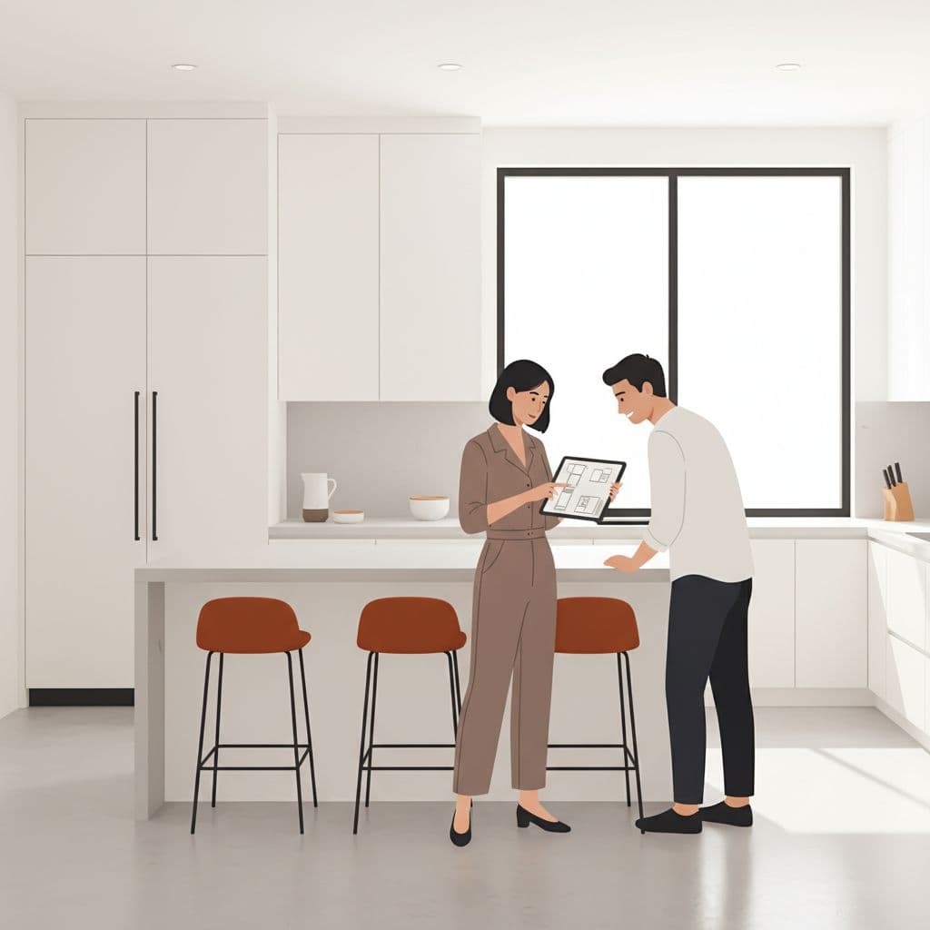 Kitchen Remodel Timeline for Southwest Florida Homes 1 Kitchen remodel timeline planning with a designer and homeowner reviewing floor plans on a tablet in a bright kitchen.