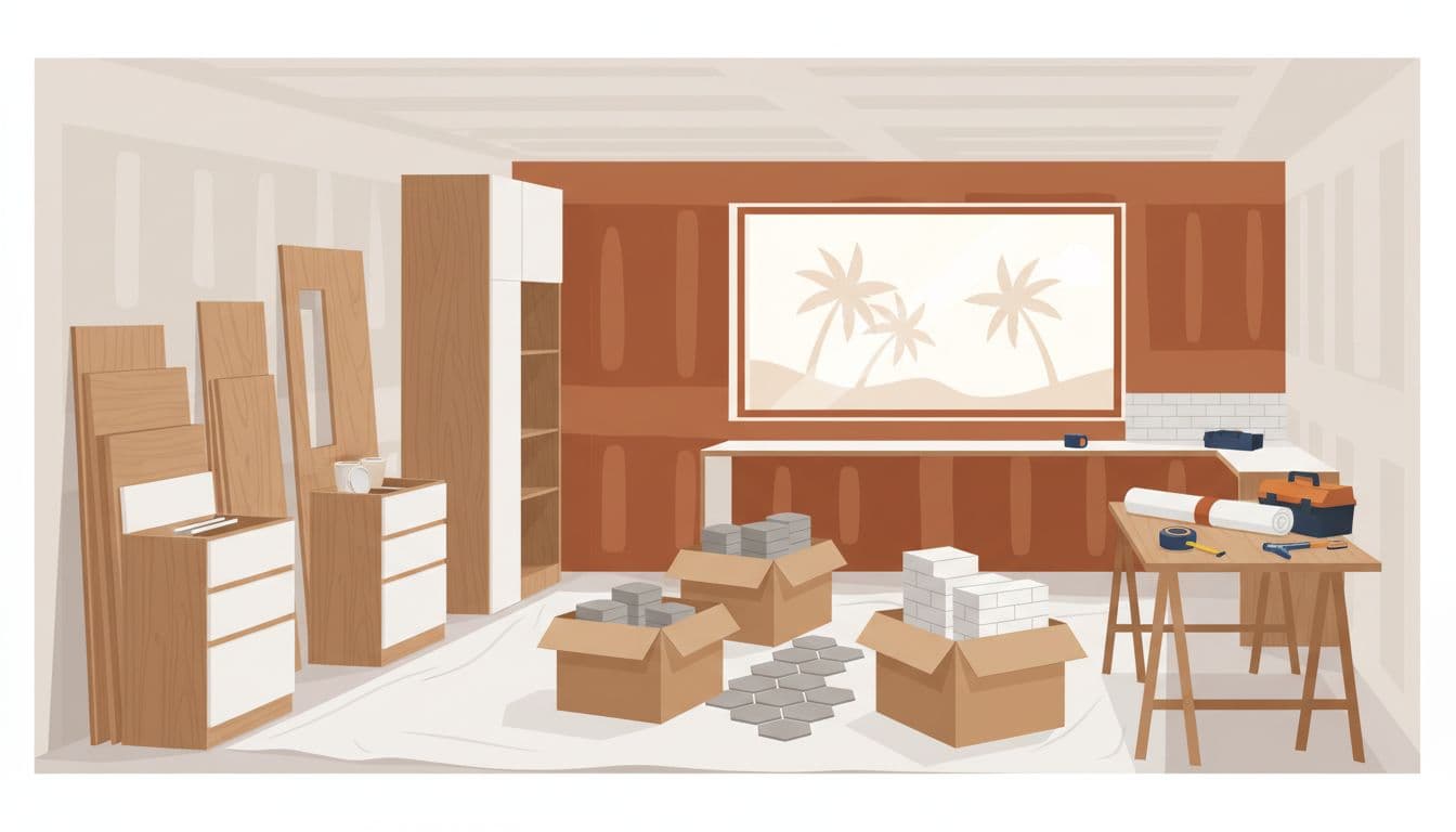 Kitchen Remodel Timeline for Southwest Florida Homes 2 Kitchen remodel timeline materials staged in a home kitchen with unfinished cabinets, tile boxes, and rolled blueprints.