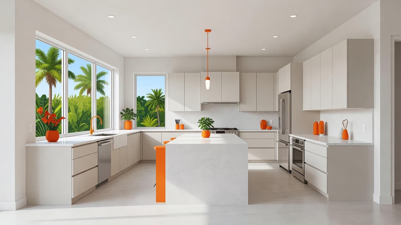 Kitchen Remodel Cost Florida Homeowners Can Expect in 2026 1 A spacious kitchen features sleek white cabinetry and polished quartz countertops surrounding a large central island. A striking orange pendant light adds a bold, contemporary accent to the minimalist airy space.