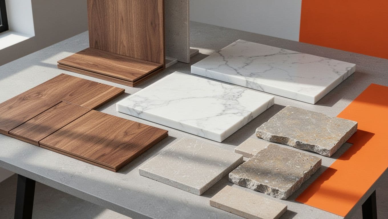 Kitchen Remodel Cost Florida Homeowners Can Expect in 2026 2 Organized samples of natural wood cabinet panels, polished quartz slabs, and textured stone tiles rest flat on a table. A vibrant orange accent piece creates a bold focal point for design.