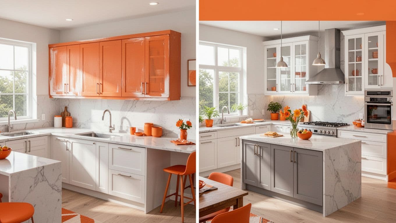 Kitchen Remodel Cost Florida Homeowners Can Expect in 2026 3 A split-screen illustration depicts a simple cabinet update on the left next to an extensive full-scale kitchen renovation on the right. Bright orange accents highlight specific design details in both rooms.