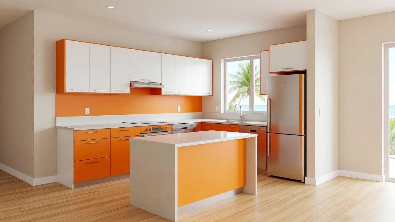 Small Condo Kitchen Layouts for Florida Homeowners 1 Small condo kitchen layouts with sleek cabinets and a vibrant orange accent.