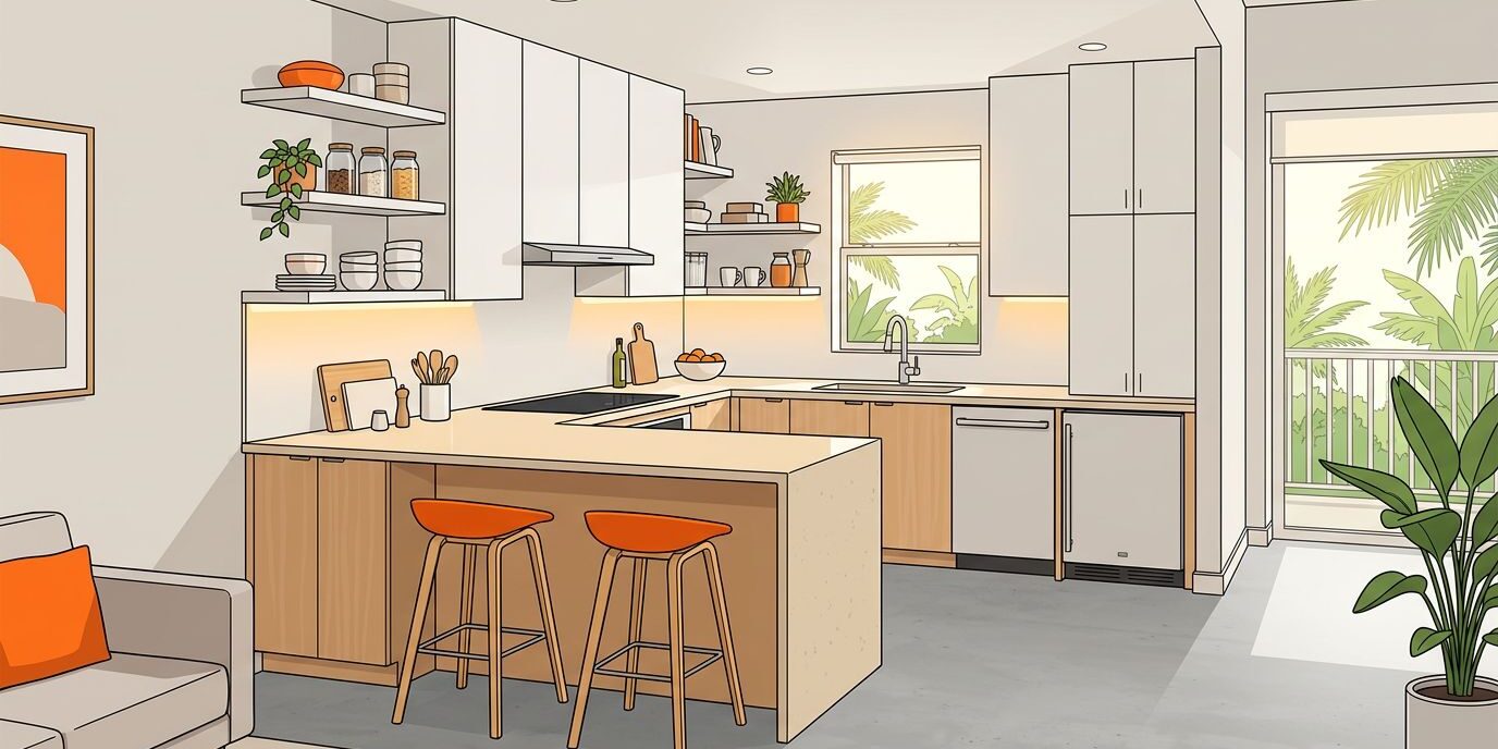 Florida Condo Kitchen Layout A compact kitchen with an L-shaped counter, peninsula, orange bar stools, and a sunlit window.