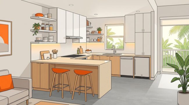 Florida Condo Kitchen Layout A compact kitchen with an L-shaped counter, peninsula, orange bar stools, and a sunlit window.
