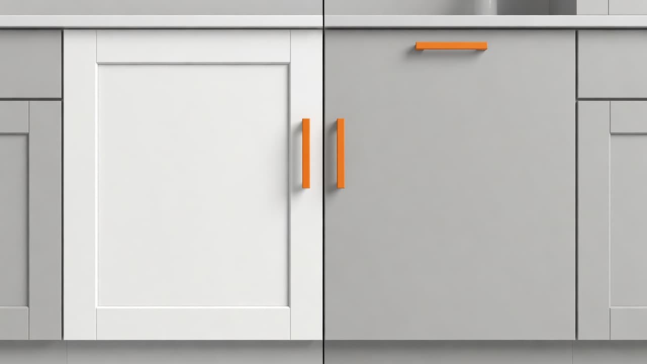Shaker vs Slab Cabinets for Florida Kitchens 1 A split-view graphic shows a classic white Shaker-style cabinet door on the left and a minimalist gray slab door on the right, both accented by vibrant orange handles against a neutral background.
