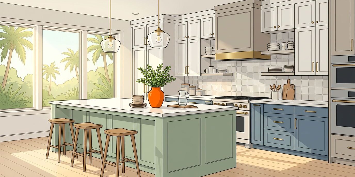 Sunlit Florida kitchen with colorful cabinets, a central island, pale floors, and an orange vase.