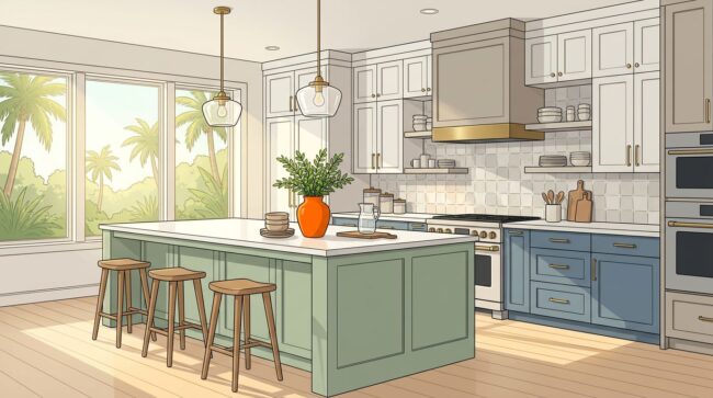 Florida Kitchen Cabinet Palette Sunlit Florida kitchen with colorful cabinets, a central island, pale floors, and an orange vase.