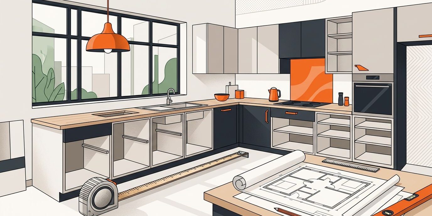 A bright kitchen with unfinished cabinets, a tape measure, and a floor plan.