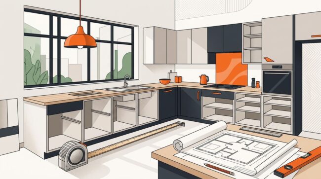 Kitchen Cabinet Measuring Scene A bright kitchen with unfinished cabinets, a tape measure, and a floor plan.