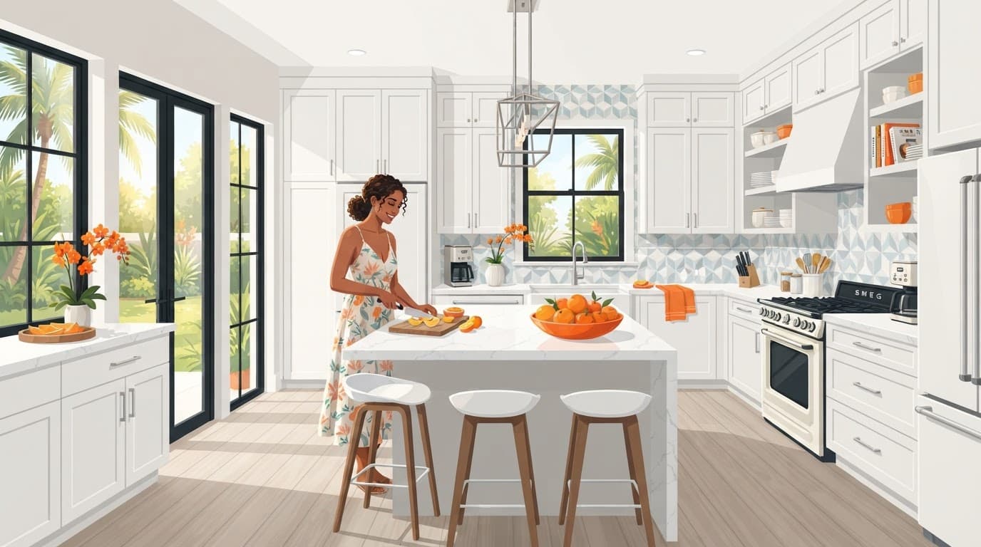 Best Kitchen Cabinet Colors for Bright Florida Homes 1 Bright Florida kitchen with white cabinets, quartz counters, and orange accents.