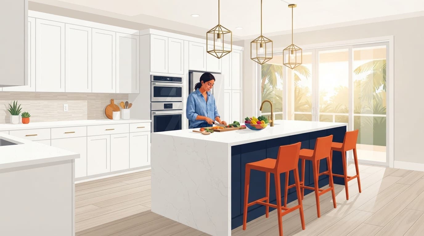 Best Kitchen Cabinet Colors for Bright Florida Homes 2 Bright Florida kitchen with a navy island and light perimeter cabinetry.